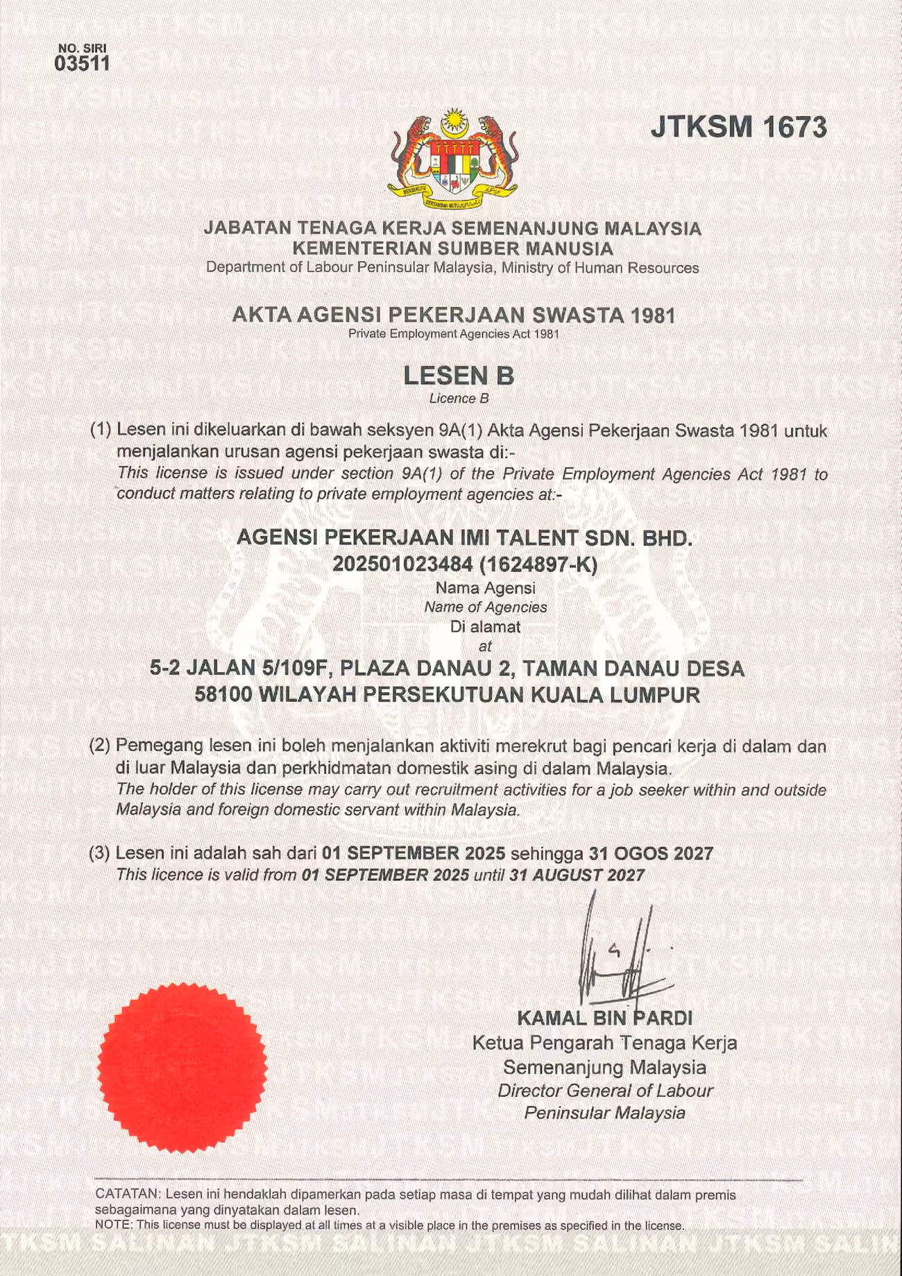 IMI Talent recruitment business licence