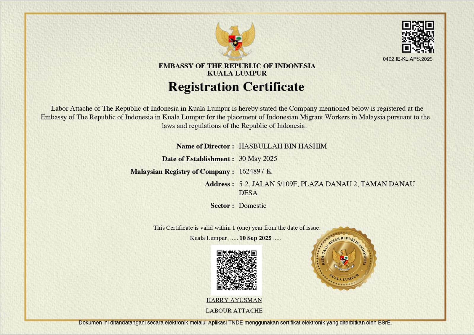 IMI Talent government registration certificate