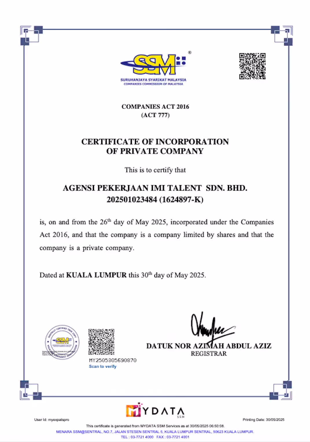 IMI Talent SSM business registration